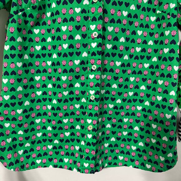 Talbots Top Size P Button Down Green Ladybug Hearts Contrast Cuff Novelty - Picture 5 of 15